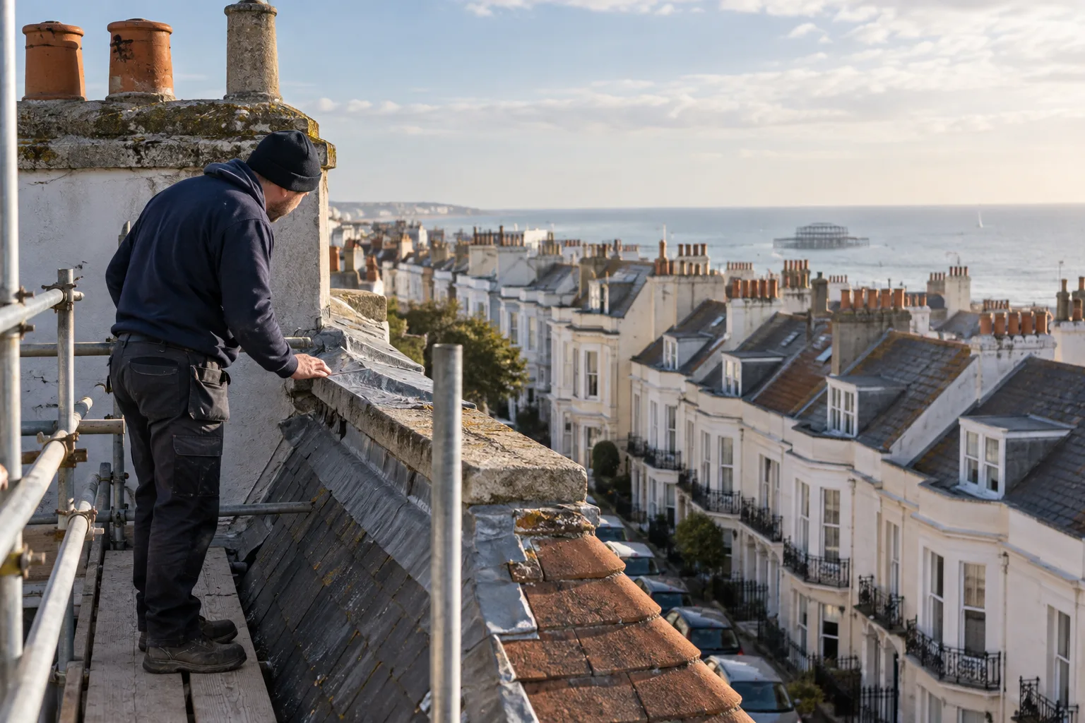 Roofing professional inspecting a parapet and flashing from secured scaffolding above Brighton terraces near the coast